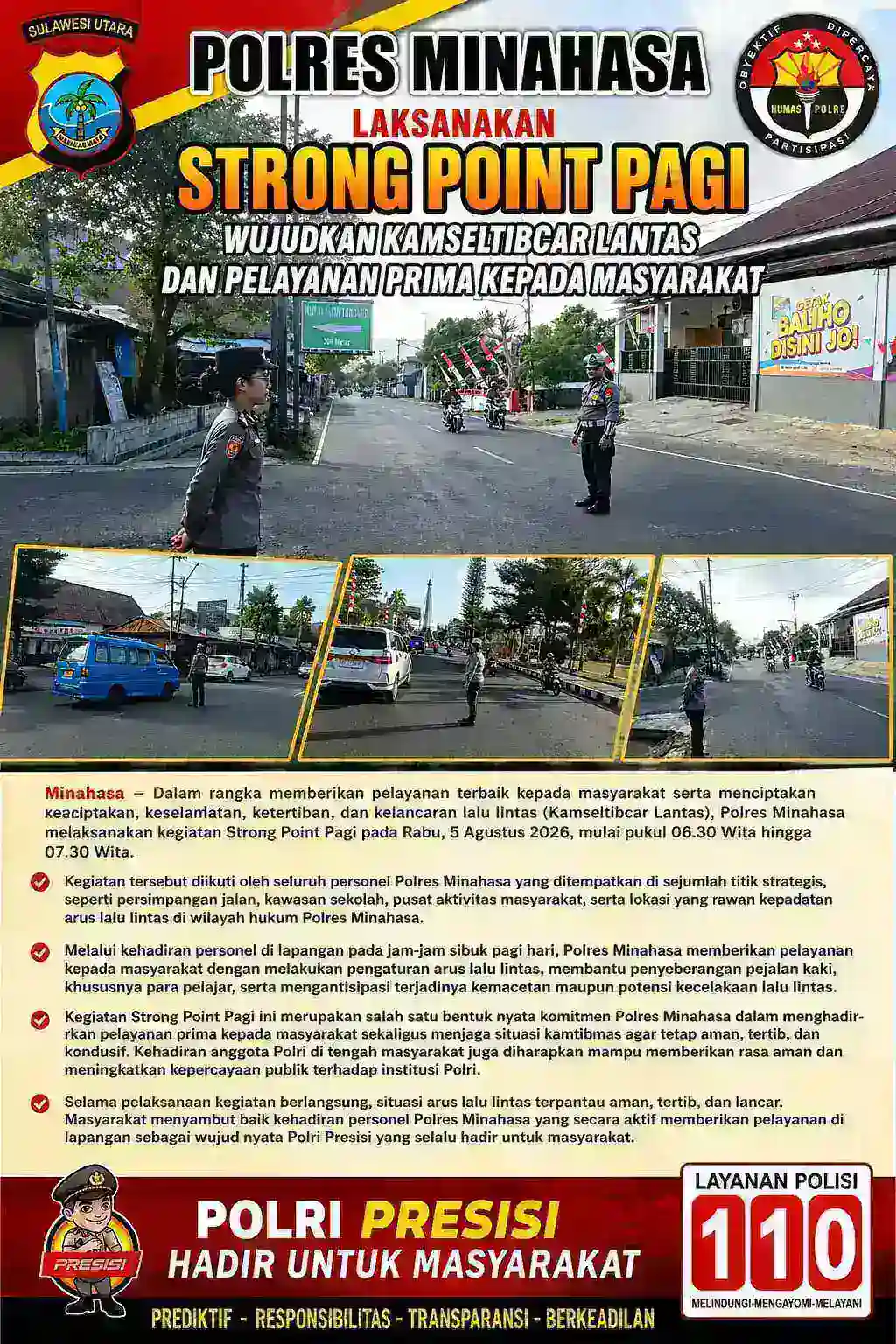 Polres Minahasa Laksanakan Strong Point Pagi, Wujudkan Kamseltibcar Lantas Dan Pelayanan Prima Kepada Masyarakat